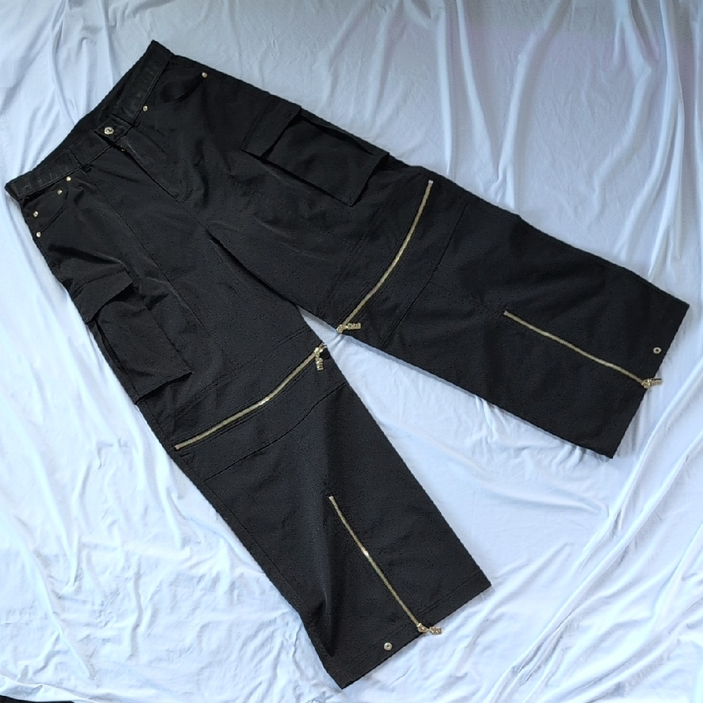 P.E Nation Black Cargo Pants with Gold Zippers